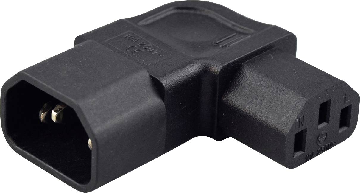 Sort ret-vinkel IEC-strømadapter med han- og hun-stik