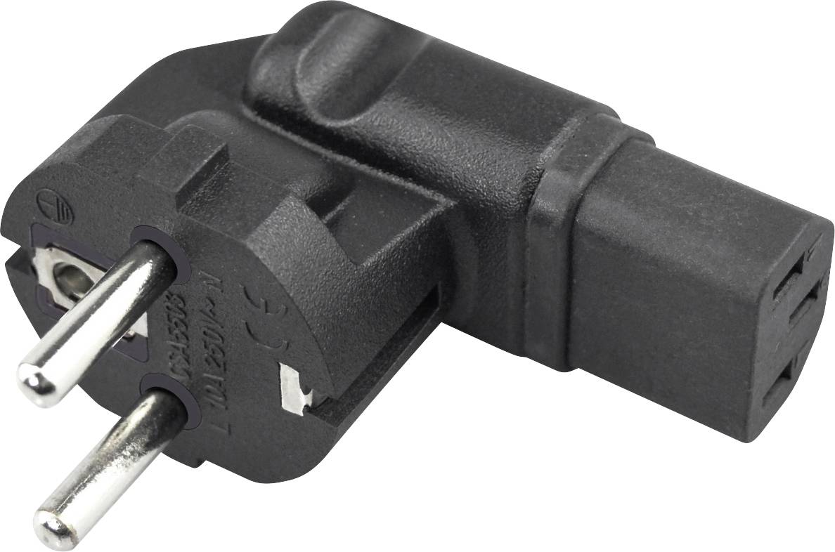 Sort to-pols elektrisk stikadapter med vinklede europæiske-stil stifter og rektangulær stikkontakt på hvid baggrund.