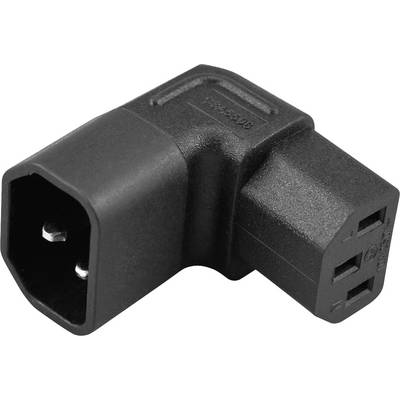 Sort vinklet IEC strømstikadapter med hanstik og hunstik på hvid baggrund.