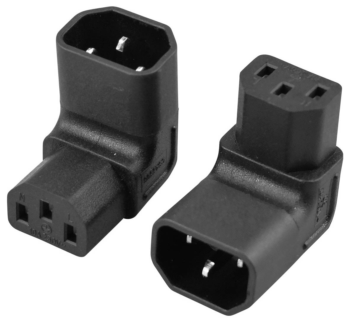 To sorte vinklede elektriske adapterpropper med tre-bens stik på en hvid baggrund.