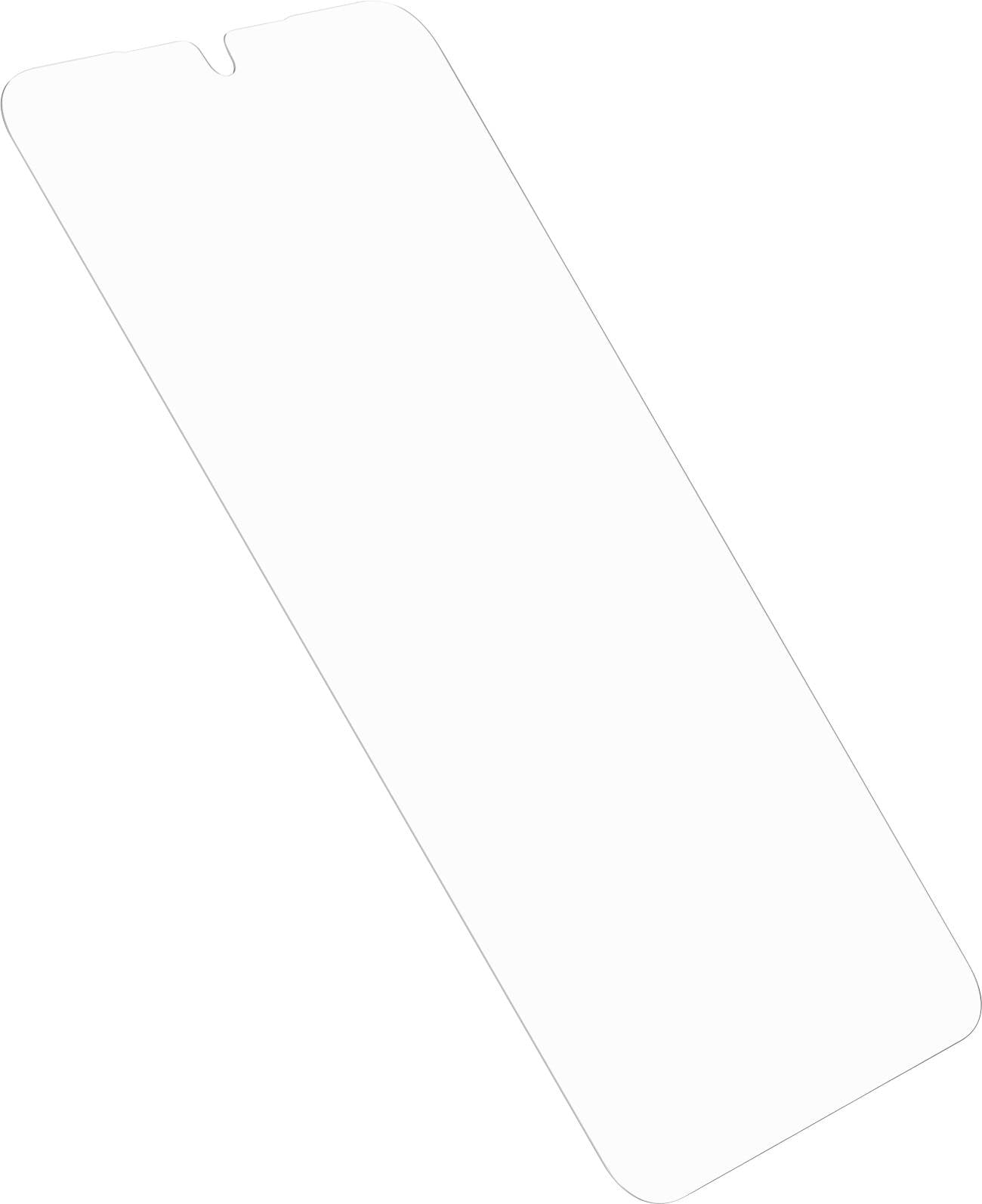 En transparent, rektangulær skærmbeskytter med et udsnit øverst til et kamera, designet til en smartphone-skærm.