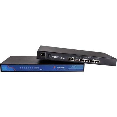 To netværksenheder i sort, hver med flere Ethernet-porte og LED-indikatorer, bruges til serverhåndtering og netværksforbindelse.
