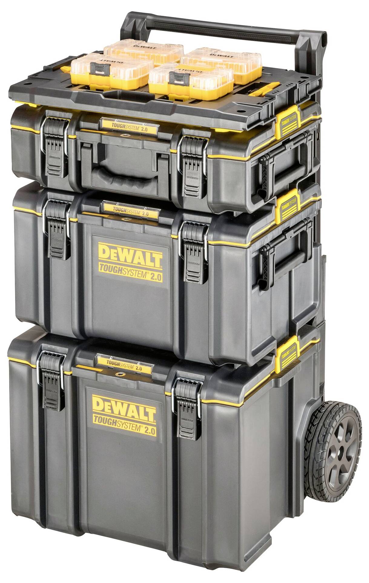 'ToughSystem 2.0' mobil værktøjsopbevaring med tre sorte og gule DeWalt-kasser på hjul, designet til nem transport.