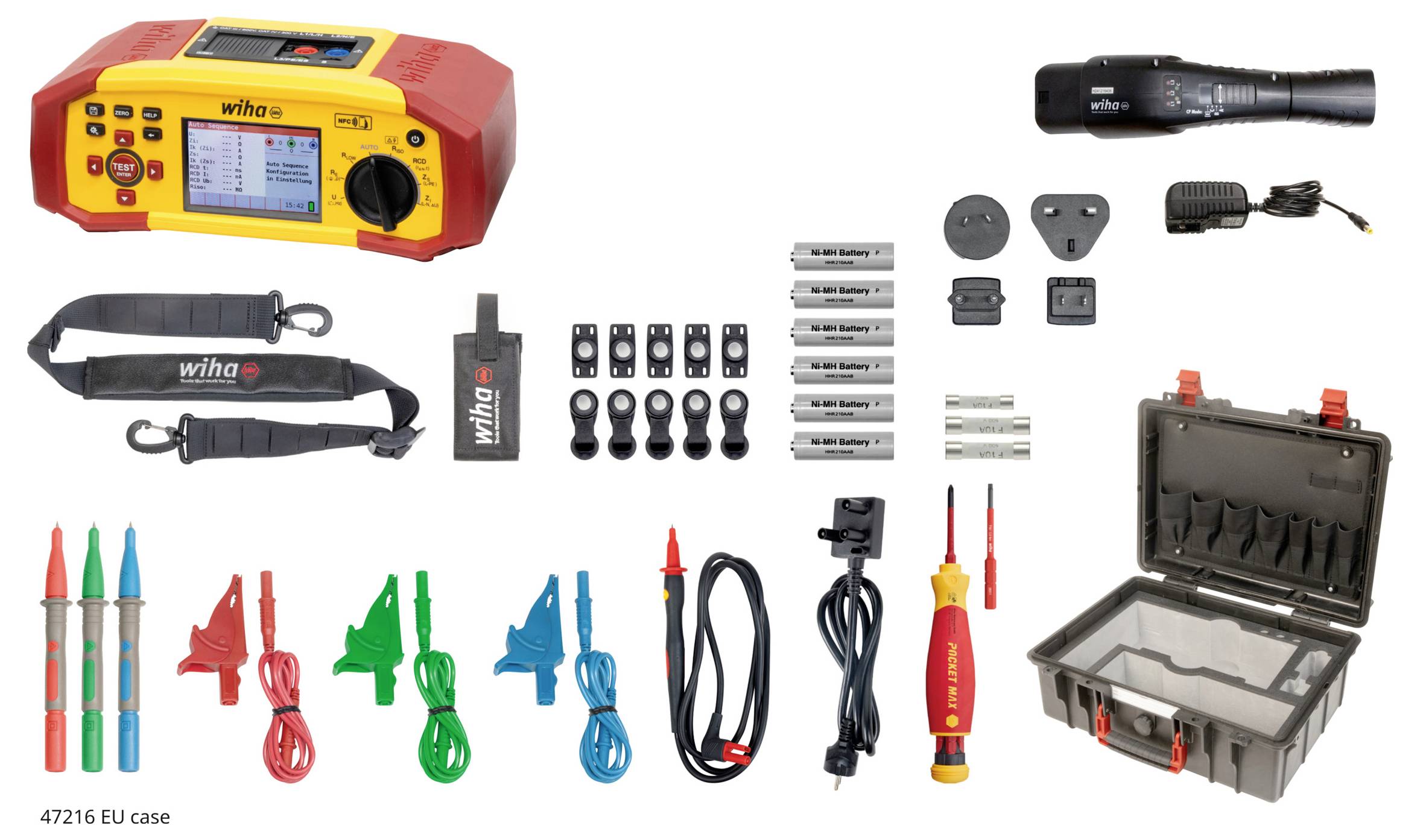 Multimeter-sæt med forskellige prober, adaptere, opladere, batteripakker og bæretaske.