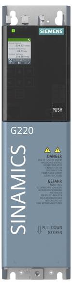 'SIEMENS SINAMICS G220' industriel drivsenhed, grå med en blå lodret stribe; features en displayskærm og kontrolknap på frontpanelet.