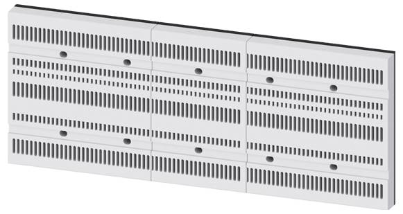 Stålvægpanel med vandrette rektangulære perforationer symmetrisk anbragt, sandsynligvis anvendt til ventilation eller akustisk kontrol.