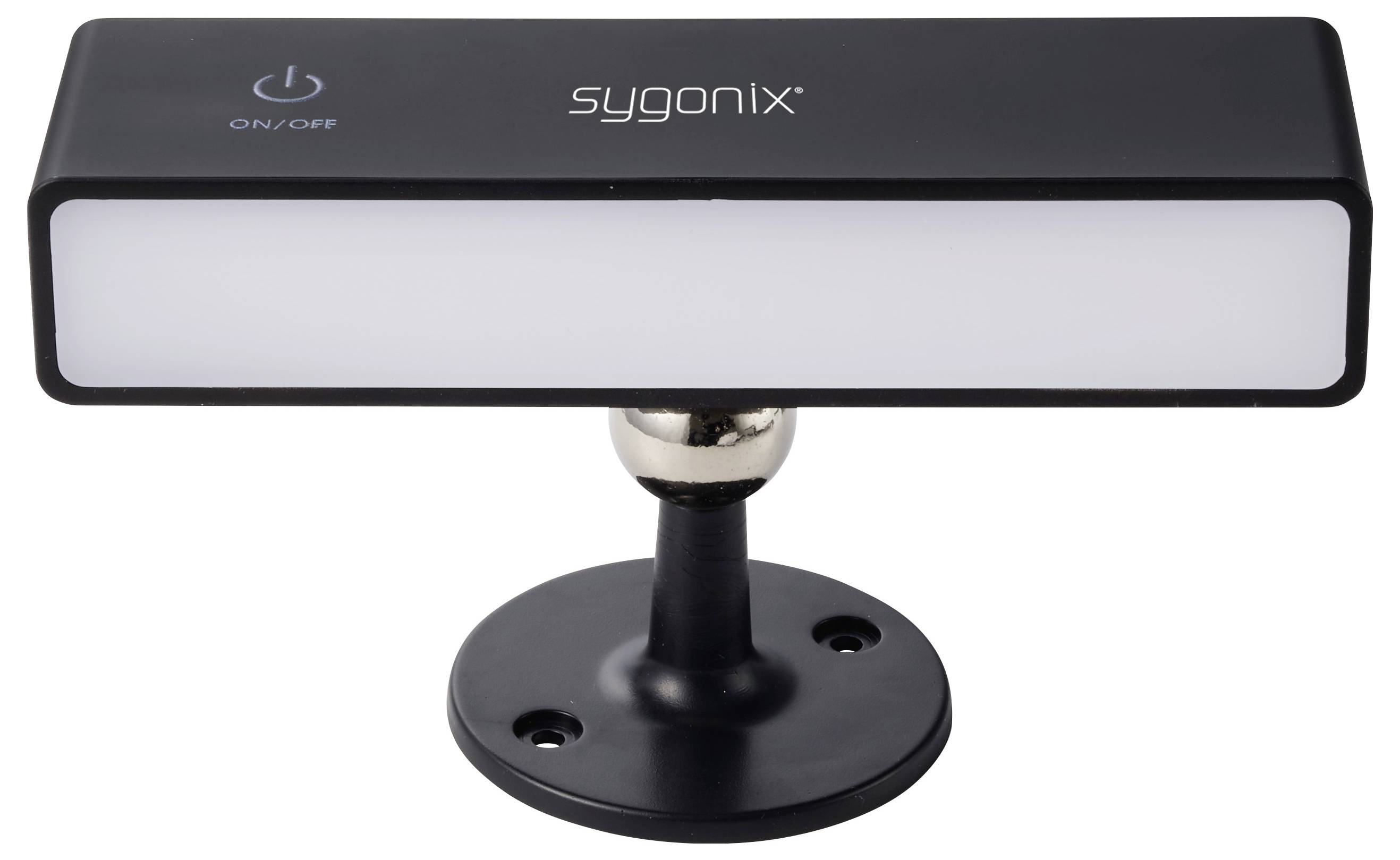 Sort rektangulær sygoniX LED-lampe på et rundt stativ med en tænd/sluk-berøringsknap øverst.