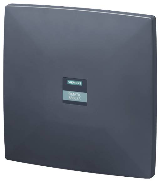 En RFID-læser mærket 'Siemens Simatic RF662A' med et mørkt, kvadratisk design, brugt til industriel automatisering og logistik.