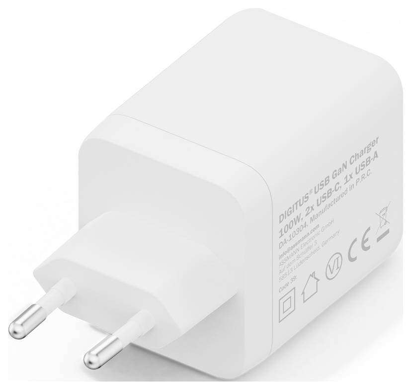 'En hvid Digitus USB GaN-oplader med to USB-porte og en europæisk stik. Etiketten viser: 100W, USB-C x 1, USB-A x 1.'