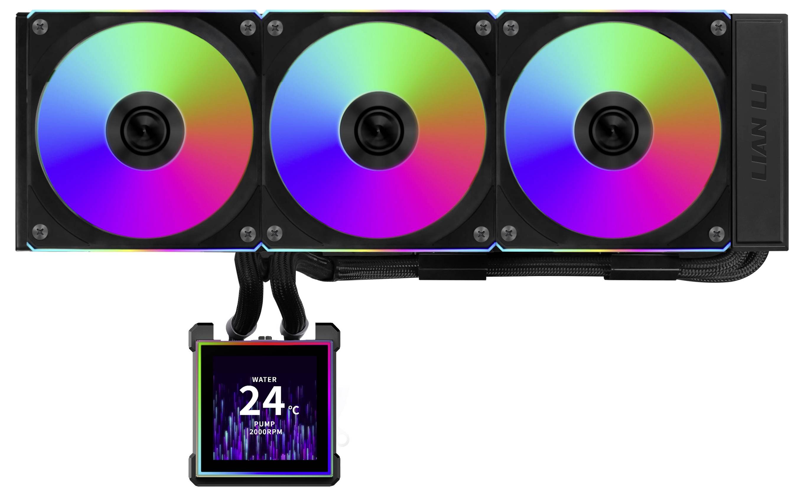 Et computerkølesystem med tre RGB-blæsere og en display, der viser vandtemperatur på 24°C.