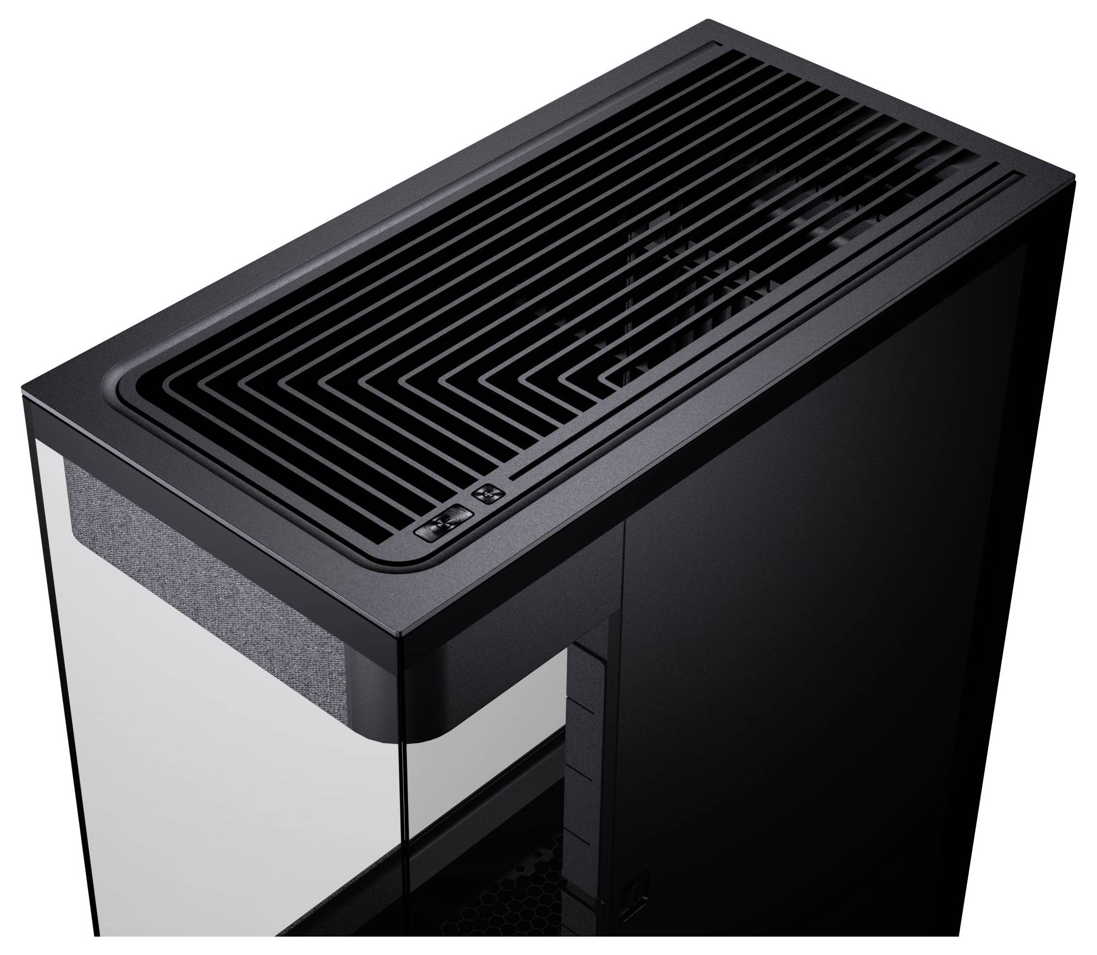 Et elegant, sort computertårn med et glaspanel på siden og et ventileret design på toppen, der understreger moderne stil og køleeffektivitet.