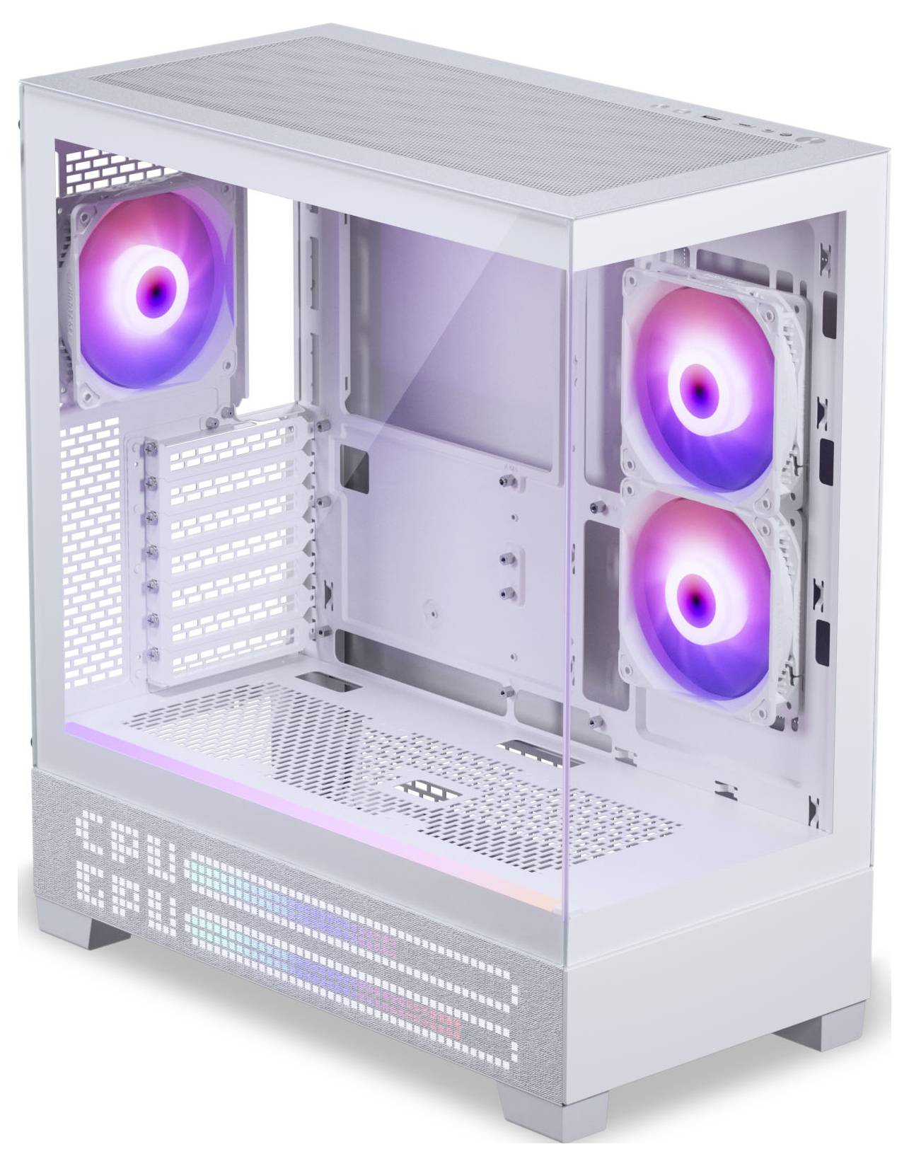 Et hvidt computerkabinetmestudosmaterialer med hærdet glaspaneler viser tre RGB-kølingsventilatorer med pink og lilla belysning, der fremhæver et elegant design.