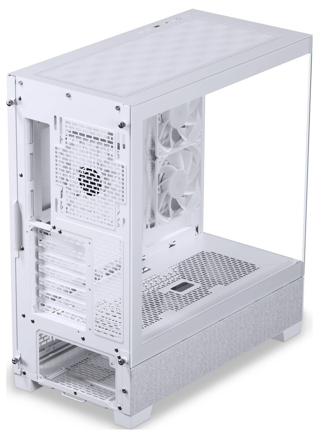 En avanceret gamings-PC med RGB-belysning, væskekølingsystem, synlig GPU og flere blæsere, præsenteret gennem et transparent sidepanel.