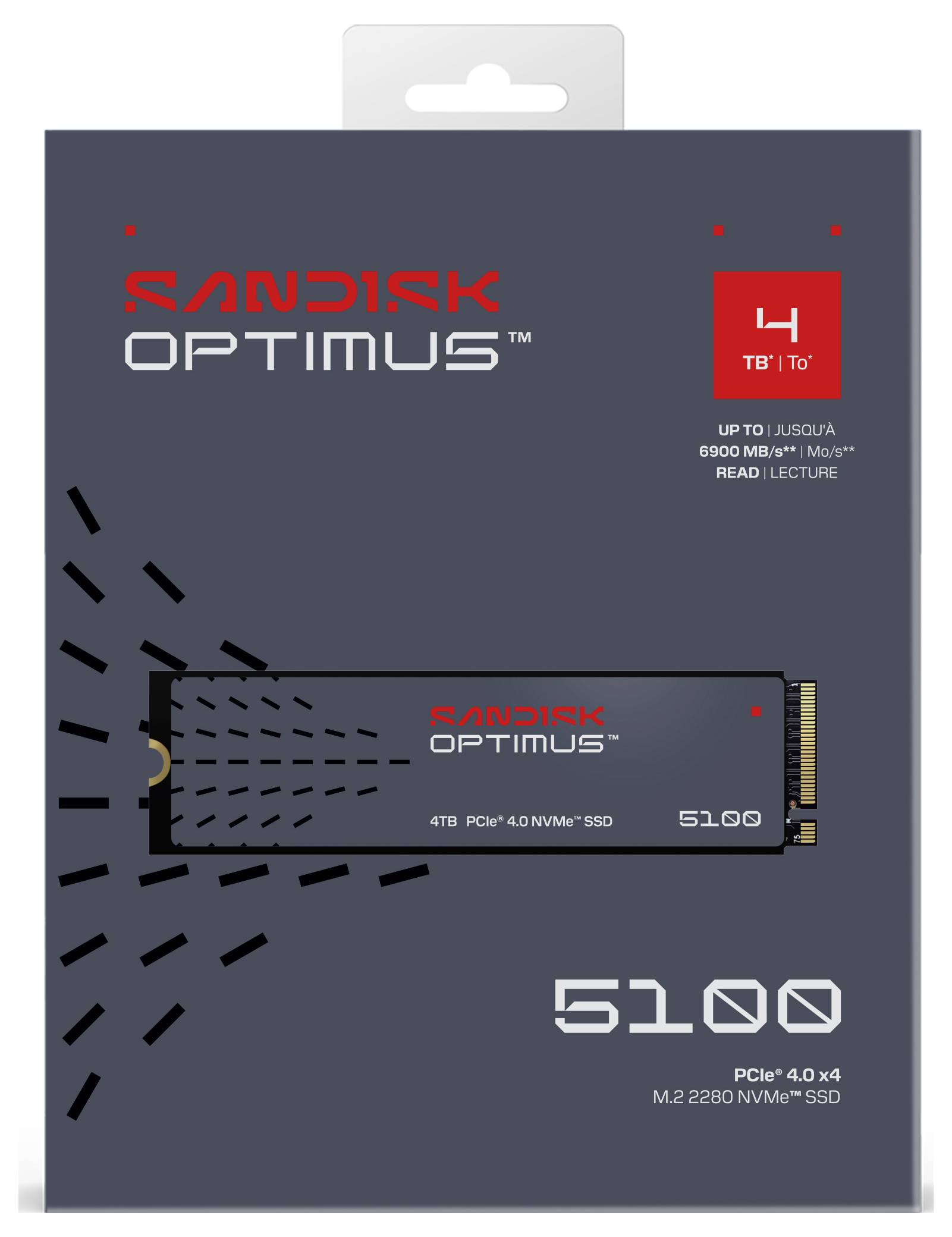 'SANDISK OPTIMUS GX 500GB PCIe 4.0 NVMe SSD' emballage med rødt og sort design og produktspecifikationer på venstre side.