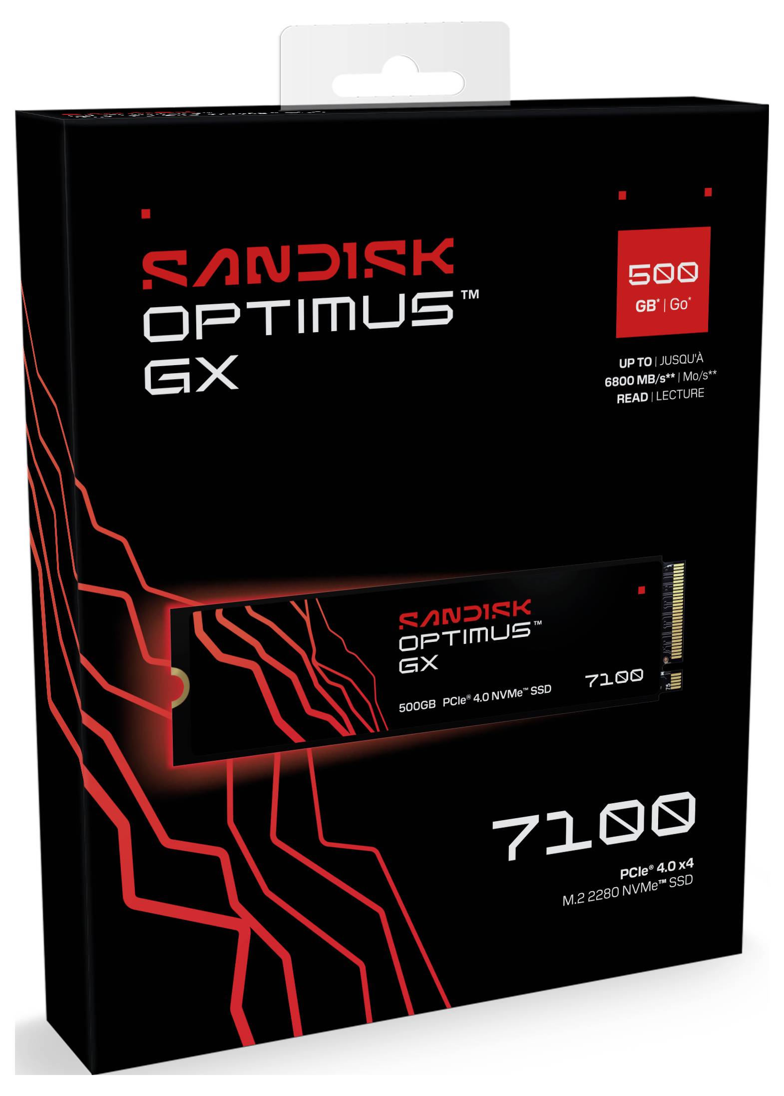 SanDisk Optimus GX 7100 SSD-emballage, der viser '500 GB/Go' i rødt. Fremhæver PCIe 4.0 x4 og M.2 2280 NVMe-specifikationer.