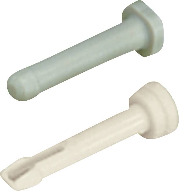 To plastic vægankre, et grå og et beige, vist side om side. Det grå anker har en afrundet spids, og det beige anker har en spaltet ende.