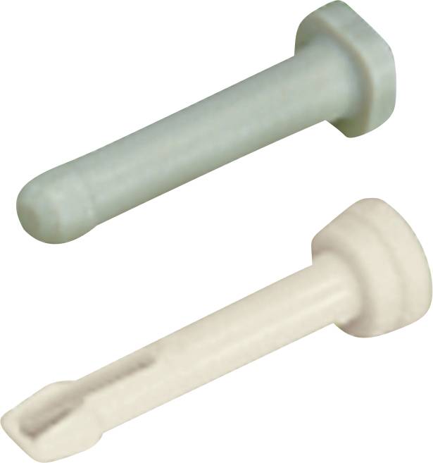 To plastic tappen, en blå og en hvid, vises mod en ensfarvet baggrund. Hver tapp har en cylindrisk krop med en flad hoved.