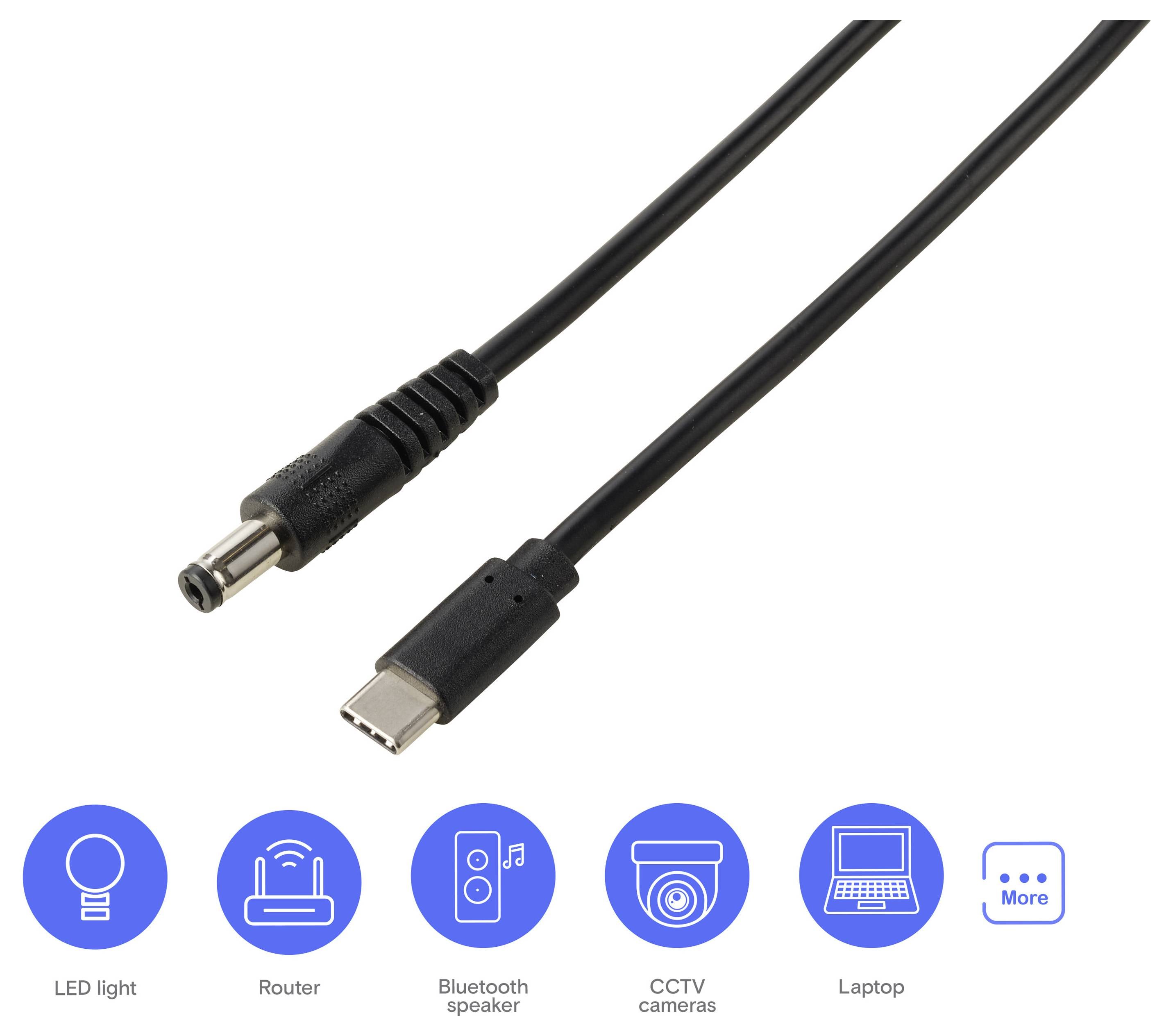 Sorttkabel med DC-tondelugt og USB-C-stik, vist som kompatibelt med LED-lys, router, Bluetooth-højttaler, CCTV-kamera og bærbar computer.