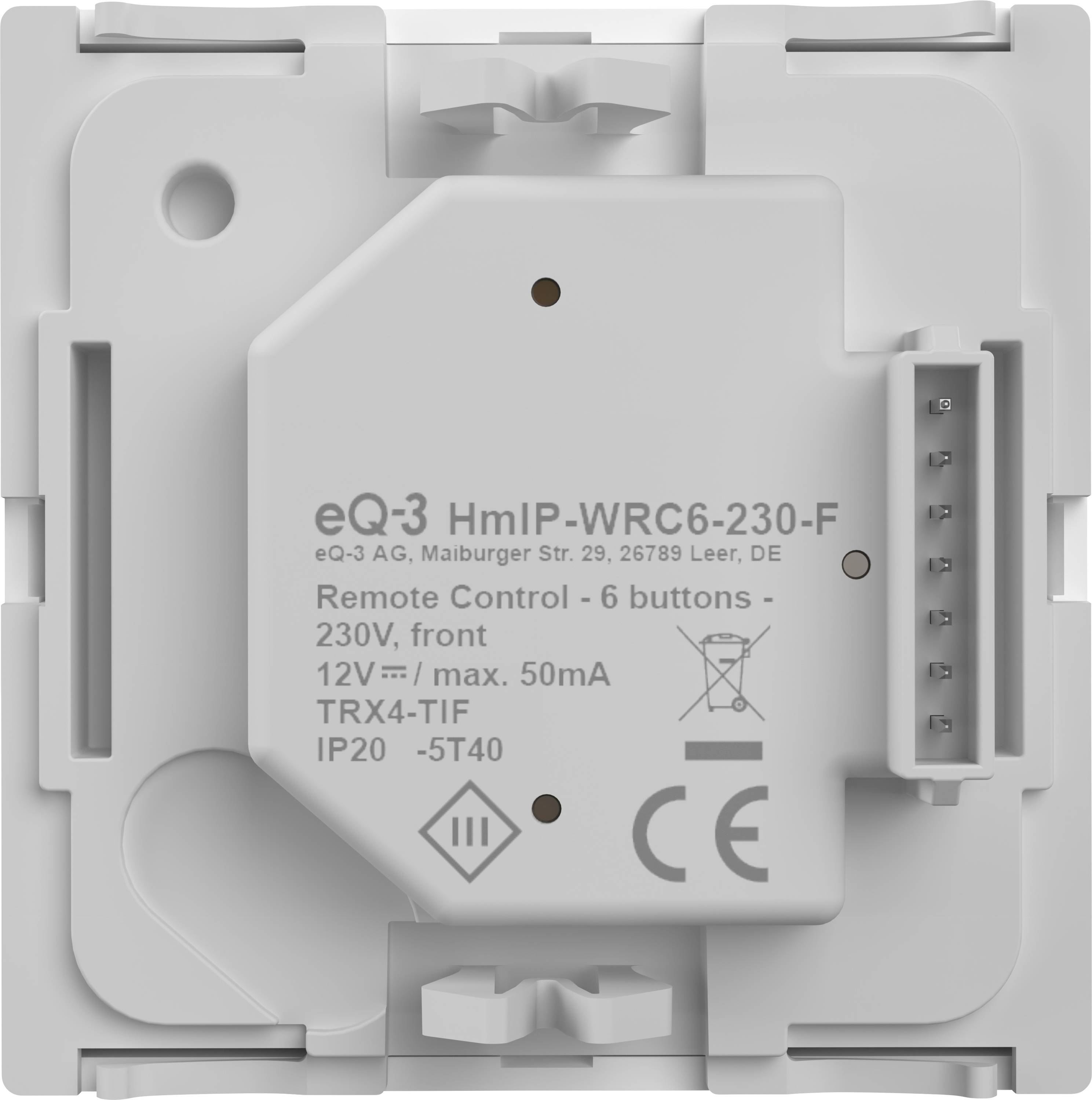 'Bagside af en fjernkontrol model eQ-3 HmIP-WRC6-230-F, der viser 230V, 50mA specifikationer, 6 knapper og tilslutningsoplysninger.'