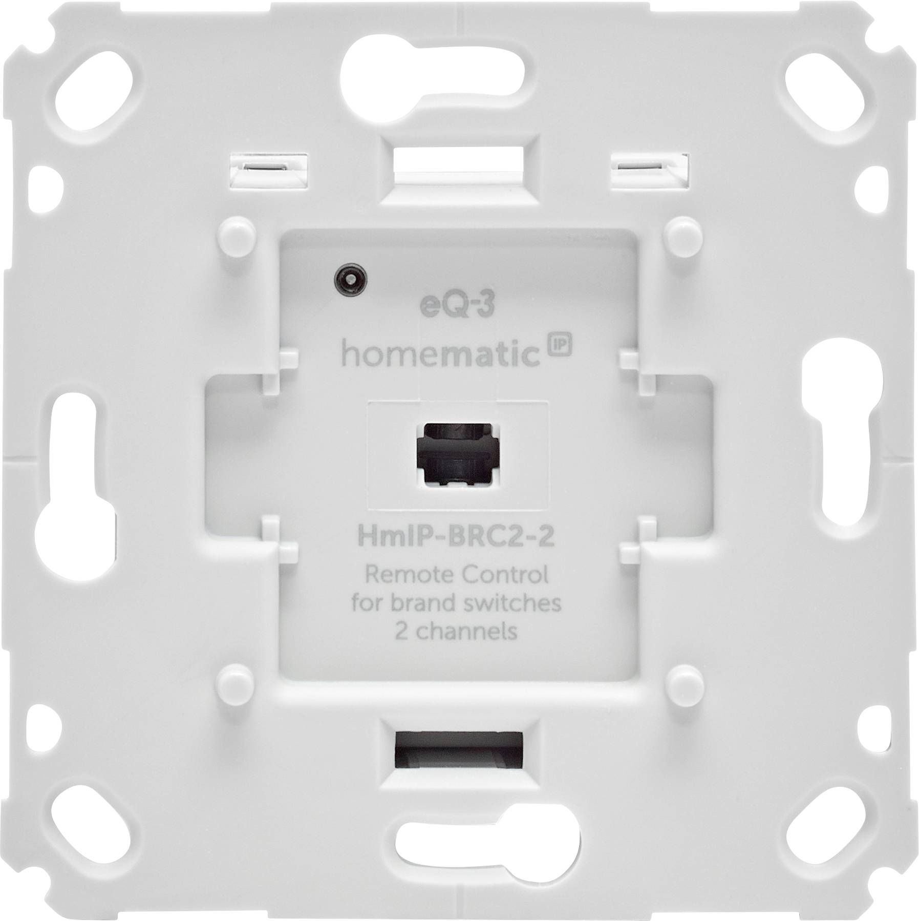 En hvid elektronisk vægkontaktstabilisator mærket 'eQ-3 Homematic IP, HmIP-BRC2-2, Fjernbetjening til mærkekontakter, 2 kanaler.'