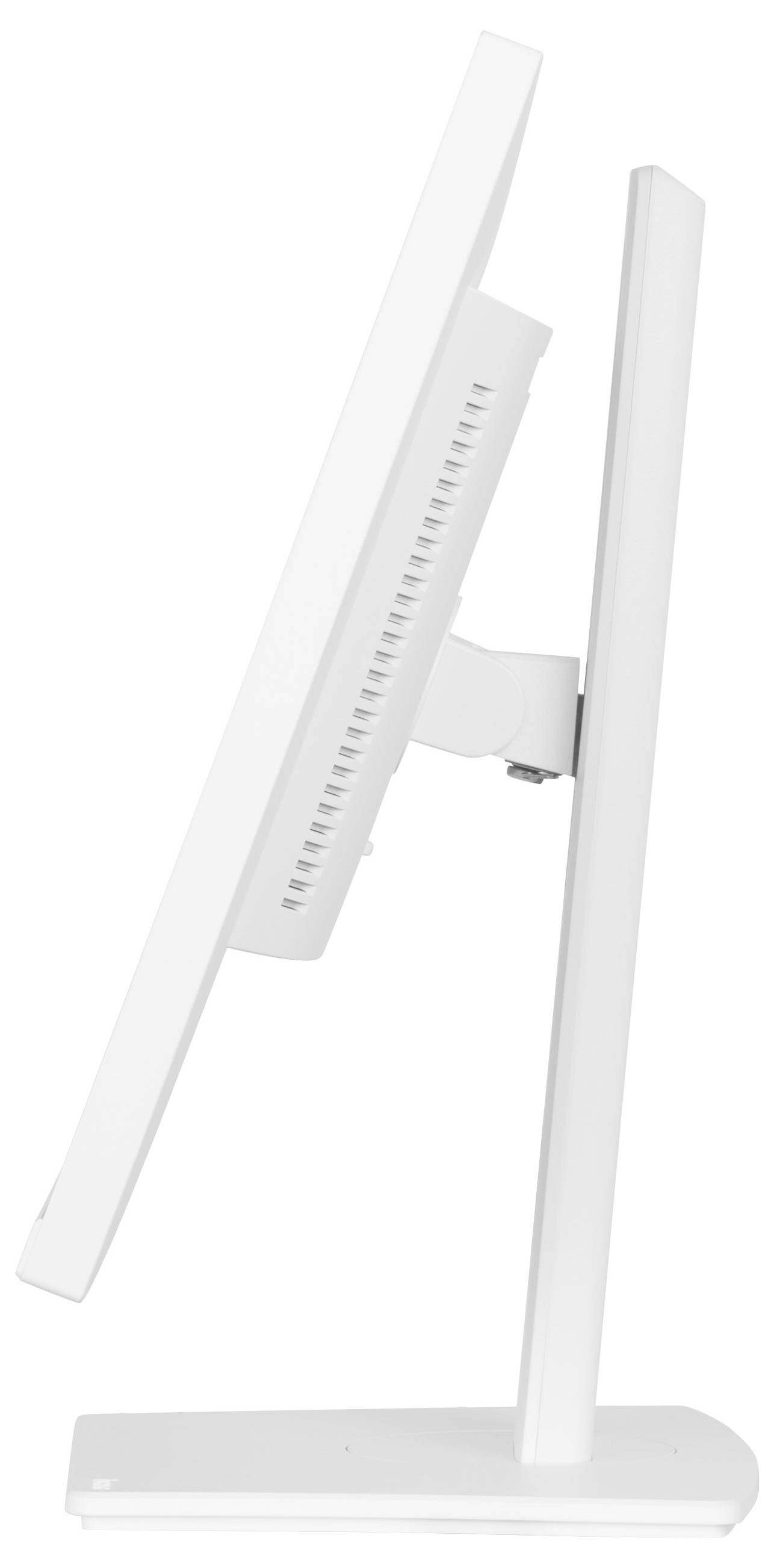 En sidevisning af en tynd, moderne hvid computermonitor med en rektangulær base og en slank profil. Designet er minimalistisk og elegant.
