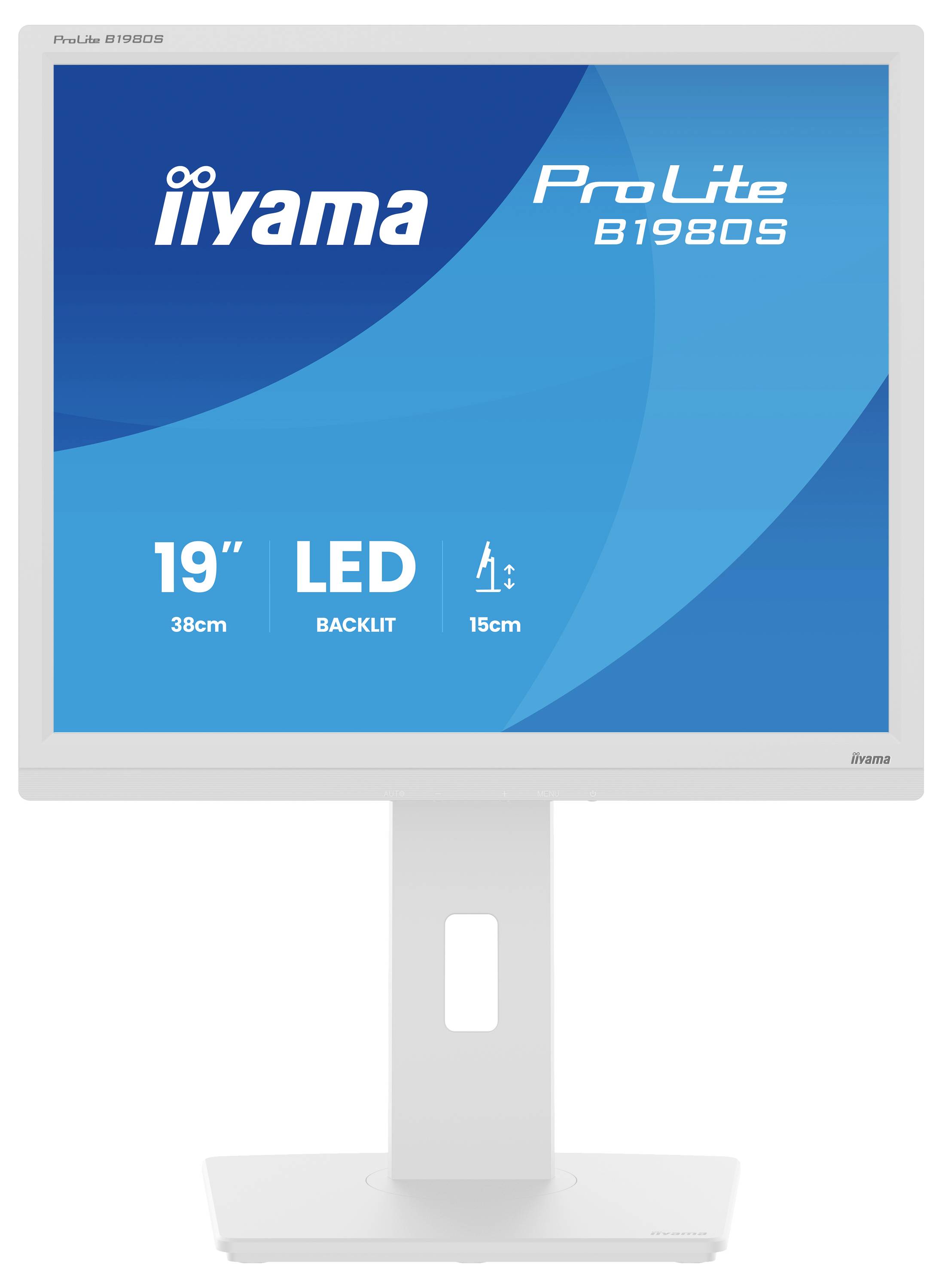 En computerskærm med en 19-tommers LED-baglyst skærm, model 'ProLite B1980S' fra iiyama, vist på et hvidt stativ med en blå baggrund.