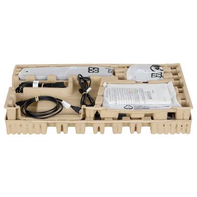 Pakketablet indeholdende elektronikkomponentet, herunder indpakkede genstande, USB-kabler og en manual. Komponenter sikkert arrangeret i rum.