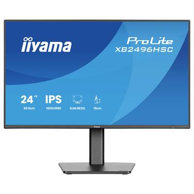 Monitor viser 'iiyama ProLite XB2496HSC', funktioner inkluderer '24" skærm, IPS-panel, 1920x1080 opløsning, slankt rammeløst design, 15cm'.