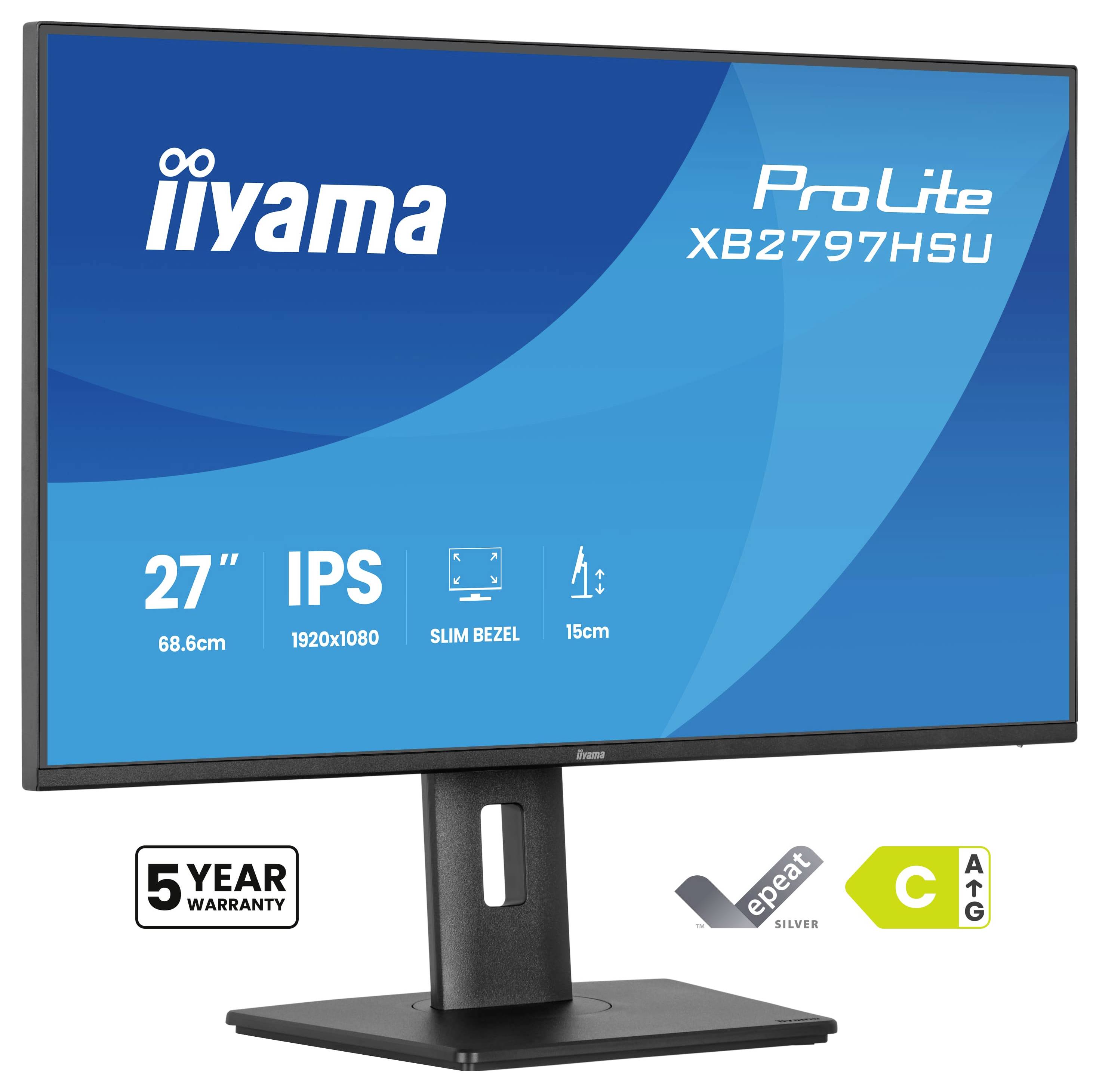 Monitor iiyama ProLite XB2797HSU, 27-tommer, 1920x1080 opløsning, IPS, slankt bezel, vist med 5-års garanti og energiklassificering 'C'.