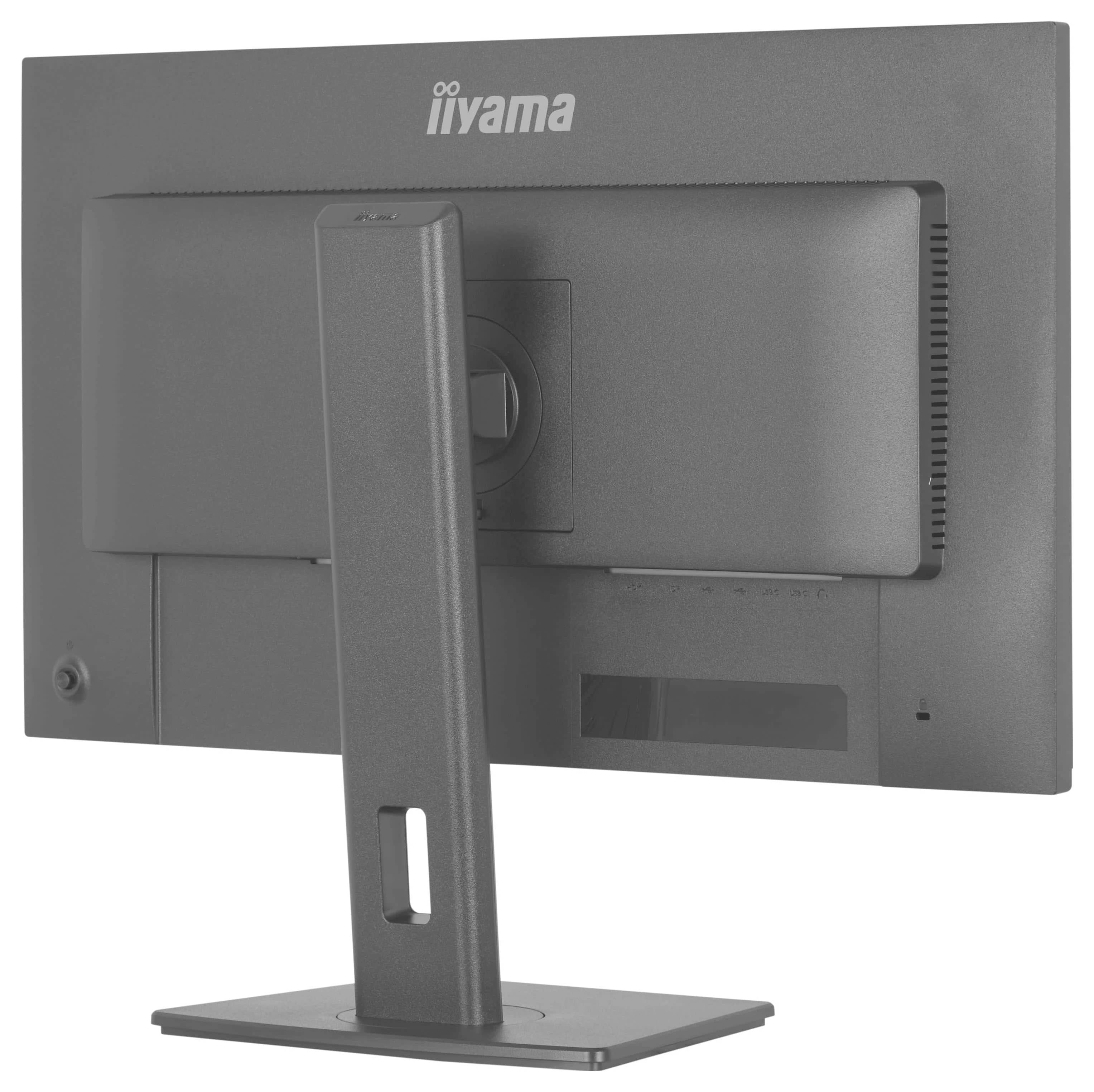 En computerskærm med et solidt rektangulært stativ og et enkelt design på bagsiden, der viser mærket 'Iiyama' på øverste midte.