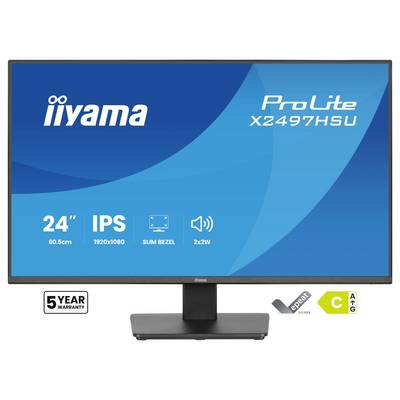 Computerskærmmonitor, der viser 'iiyama ProLite X2497HSU' med funktioner: 24" størrelse, IPS-panel, 1920x1080 opløsning, slankt bezel, 2x2W-højttalere. 5-års garantietiket på stativet.