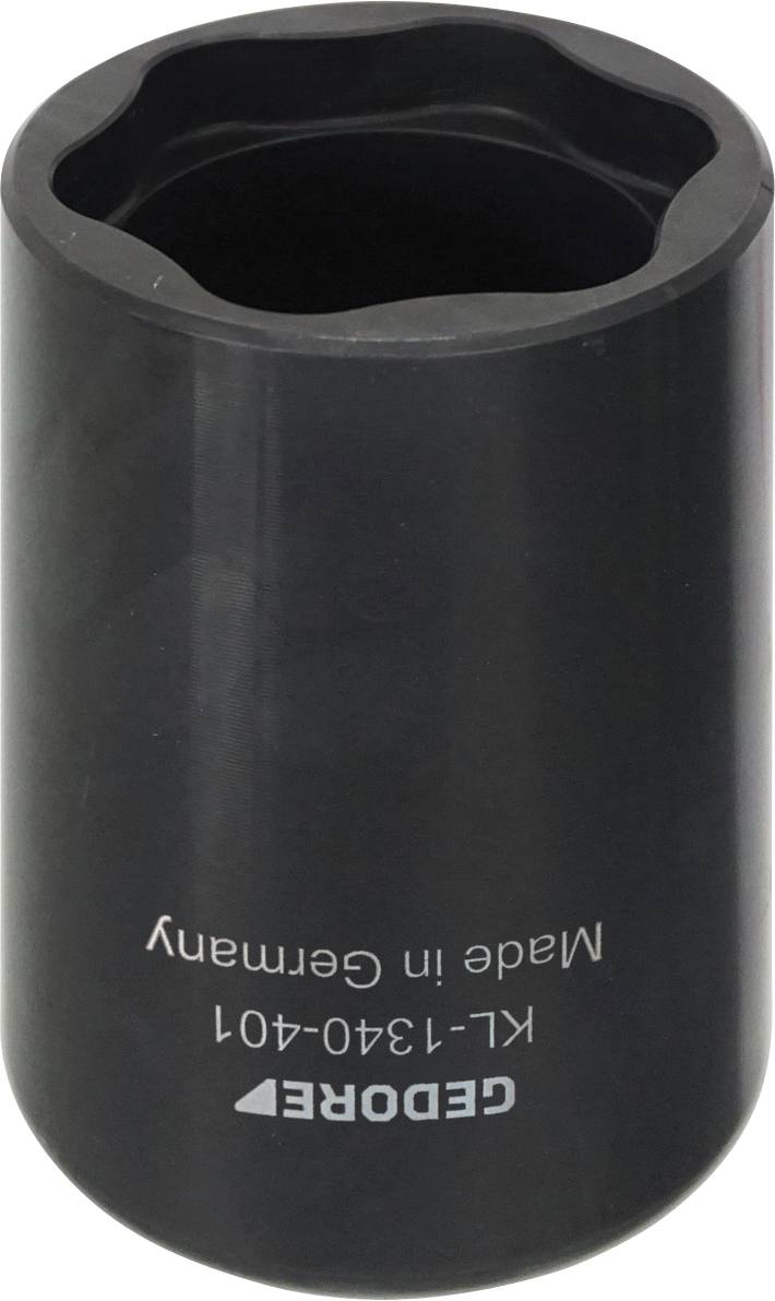 Et sort cylindrisk værktøj med teksten "GEDORE" og "Made in Germany" trykt på det, brugt til mekaniske anvendelser.