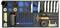 En skumværktøjsorganizer med forskellige værktøjer, herunder en kølle, metalklemmer, en skiftenøgle og cirkulære ringe.