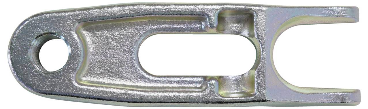 En metalklevismuffe med et hul i den ene ende og en U-formet beslag i den anden ende, brugt til at forbinde mekaniske komponenter.