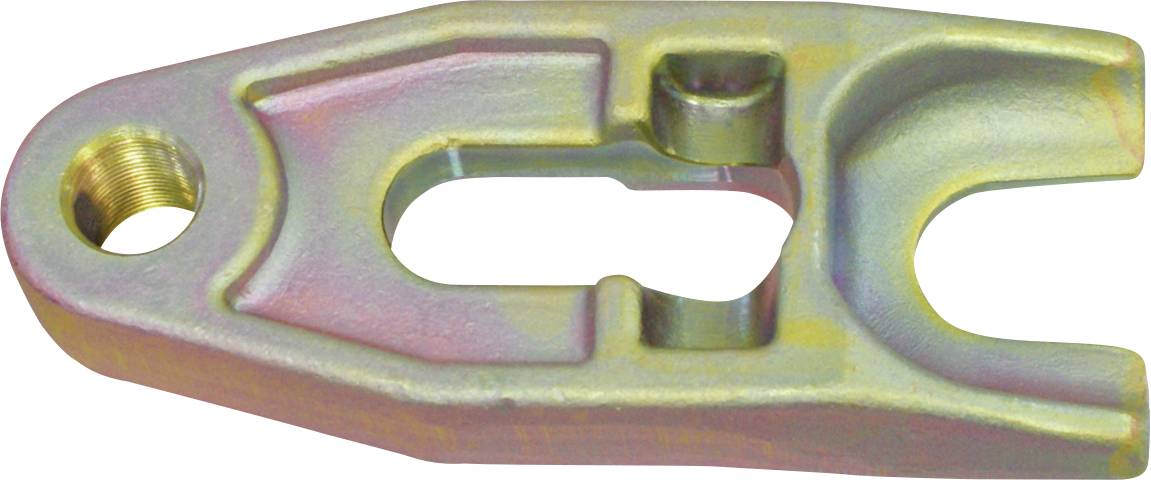 En metallic, industriel del med afrundede og kantet formede karakteristika, med et gevinderet hul og en gaflet ende, sandsynligvis brugt i mekanisk samling.