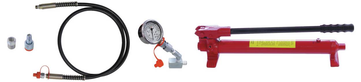 Et rødt hydraulisk pumpesæt med trykmåler, slange og tilbehør til forbindelser, der bruges til trykprøvning eller hydrauliske anvendelser.
