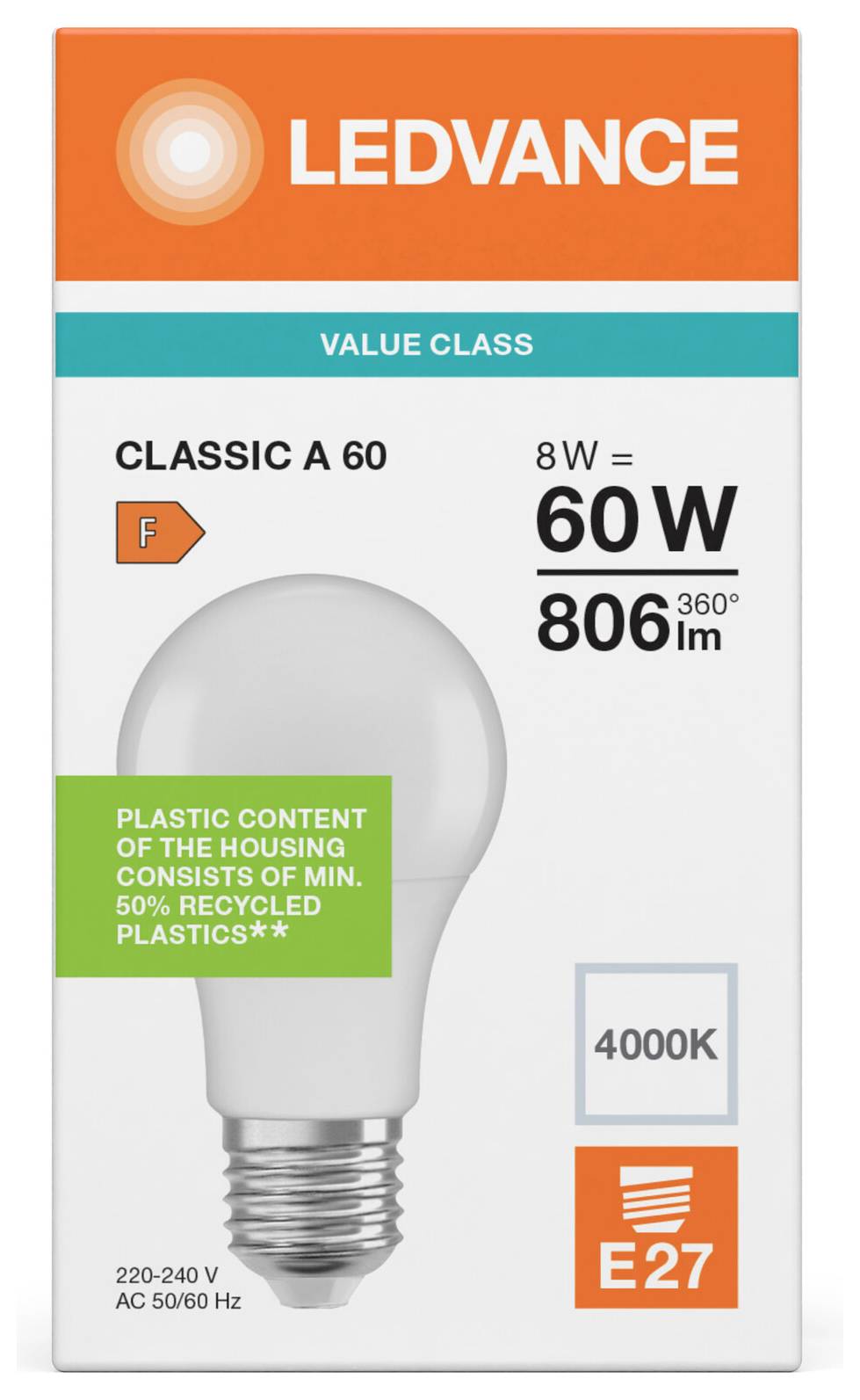 LEDVANCE Value Class Classic A 60 LED-pære pakke, viser 8W = 60W, 806 lm, 4000K, E27-fatning og genanvendeligt kunststofhus.