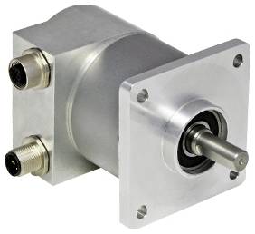 En metallisk industriel encoder med en cylindrisk aksel, to kabelkonnektorer og en kvadratisk monteringsflansch.