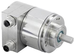 En metallisk cylindrisk komponent, sandsynligvis en rotationskoder, med en fremstikkende aksel og to stikporte.