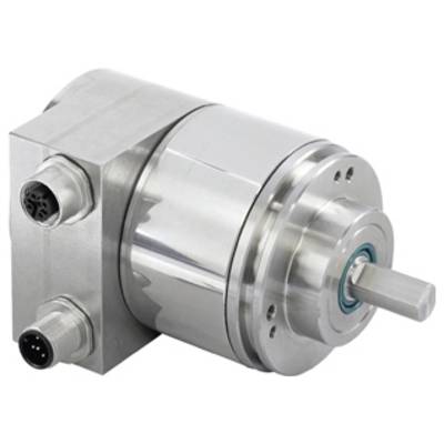En metallisk cylindrisk komponent, sandsynligvis en rotationskoder, med en fremstikkende aksel og to stikporte.