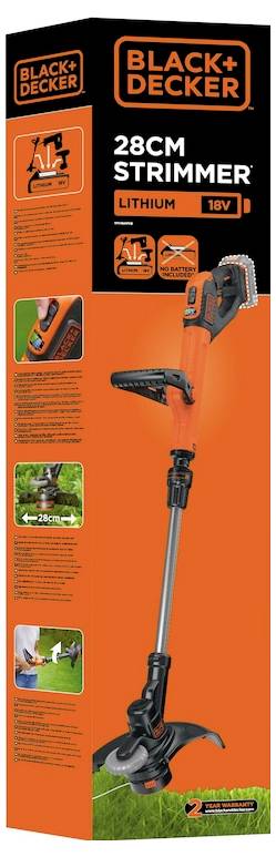 Billedet viser emballagen på en Black+Decker 28cm trimmer. Det fremhæver funktioner som 18V lithium-batteri og ergonomisk design.