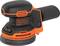 En trådløs orange og sort håndsliper mærket 'Black+Decker 18V', designet til slibning af overflader, med en rund slibeplade.