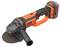 'Black & Decker' trådløs vinkelsliber, der viser et orange og sort håndtag, en skive og et 18V batteripack på en hvid baggrund.
