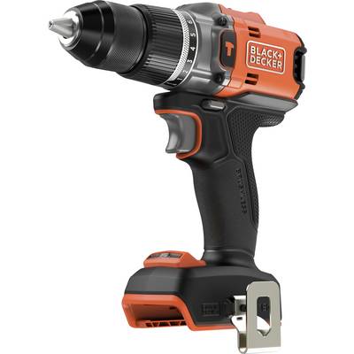 Orange og sort trådløs Black+Decker bor med en metallbit, med gribehåndtag og batteripakning fastgjort i bunden.