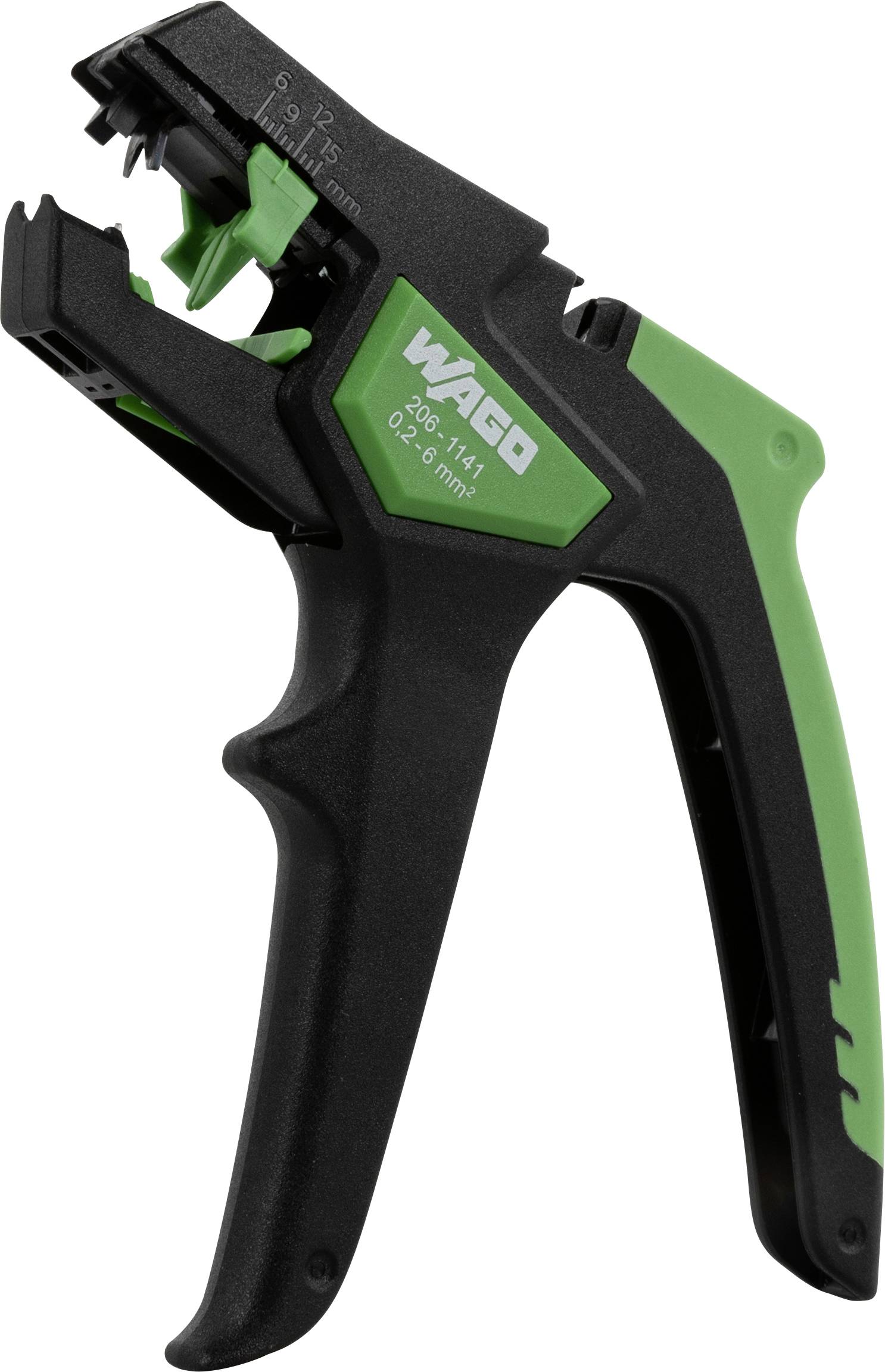 Wago trålafskalletang, model 206-1141, egnet til trådstørrelser 0,2-6 mm², fremstillet af tofarvet sort og grøn kunststof.
