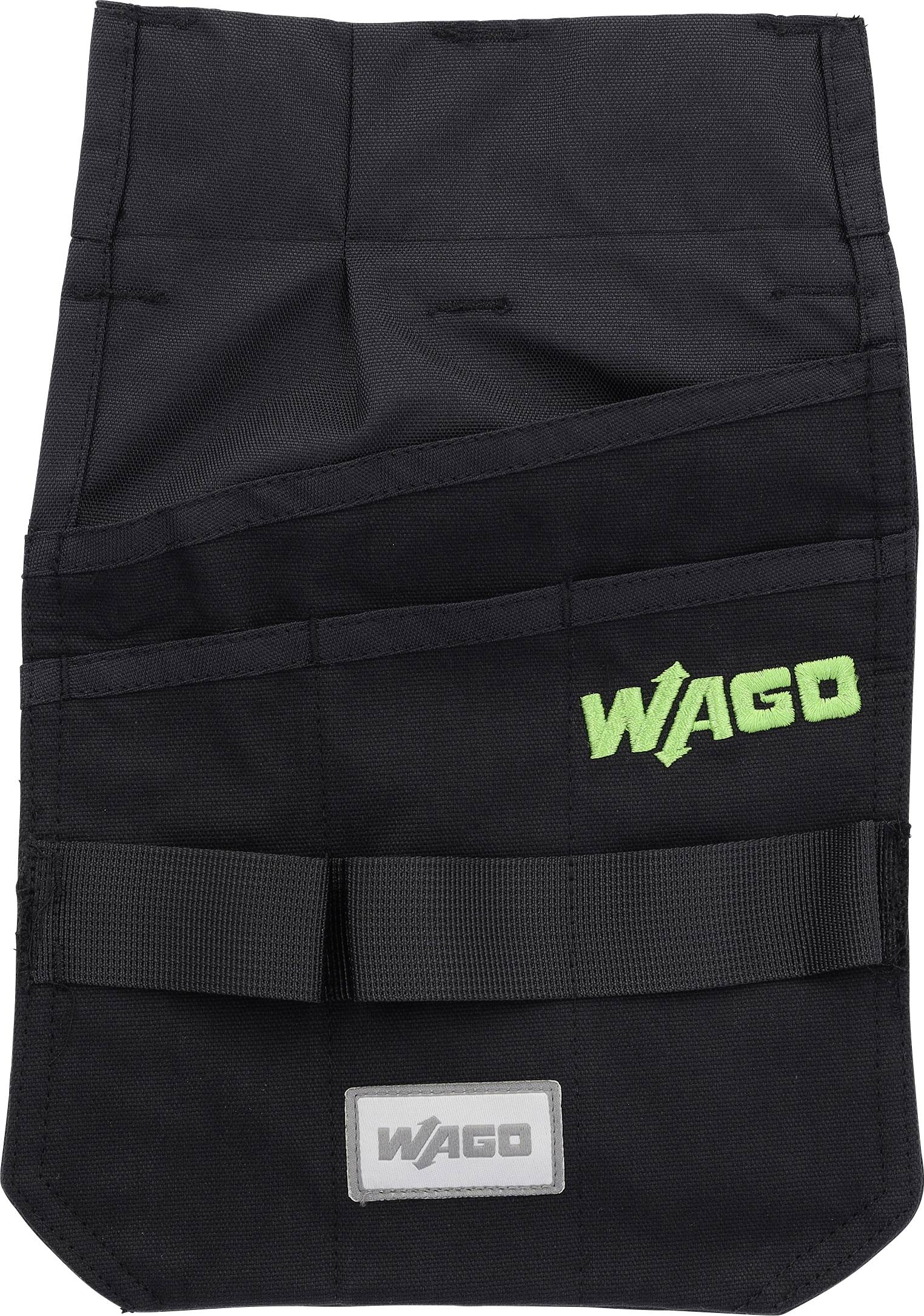 En sort stofværktøjstaske med "WAGO"-logo i grøn syning på forsiden, udstyret med flere lommer til organisering af værktøjer.