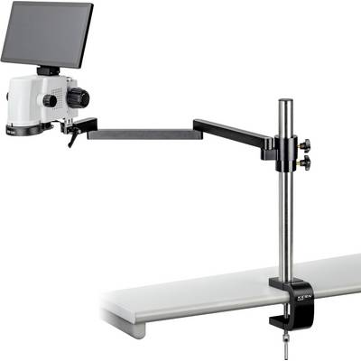 Et digitalt mikroskop med en monitor er monteret på en justerbar arm. Opsætningen er fastgjort til et bord, hvilket tillader præcise observationer.