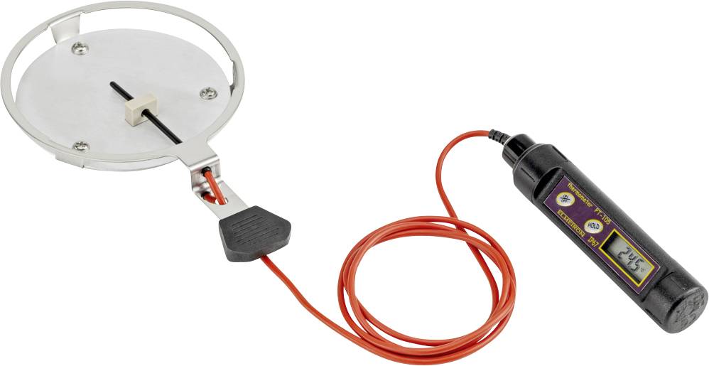 En rund varmeelement forbundet til en digital regulator med et rødt kabel. Regulatoren viser en temperaturvisning.