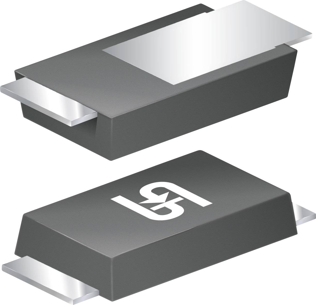 To black rectifier-dioder med flade metalliske ben, hvor den ene viser et 'UF'-symbol på toppen.