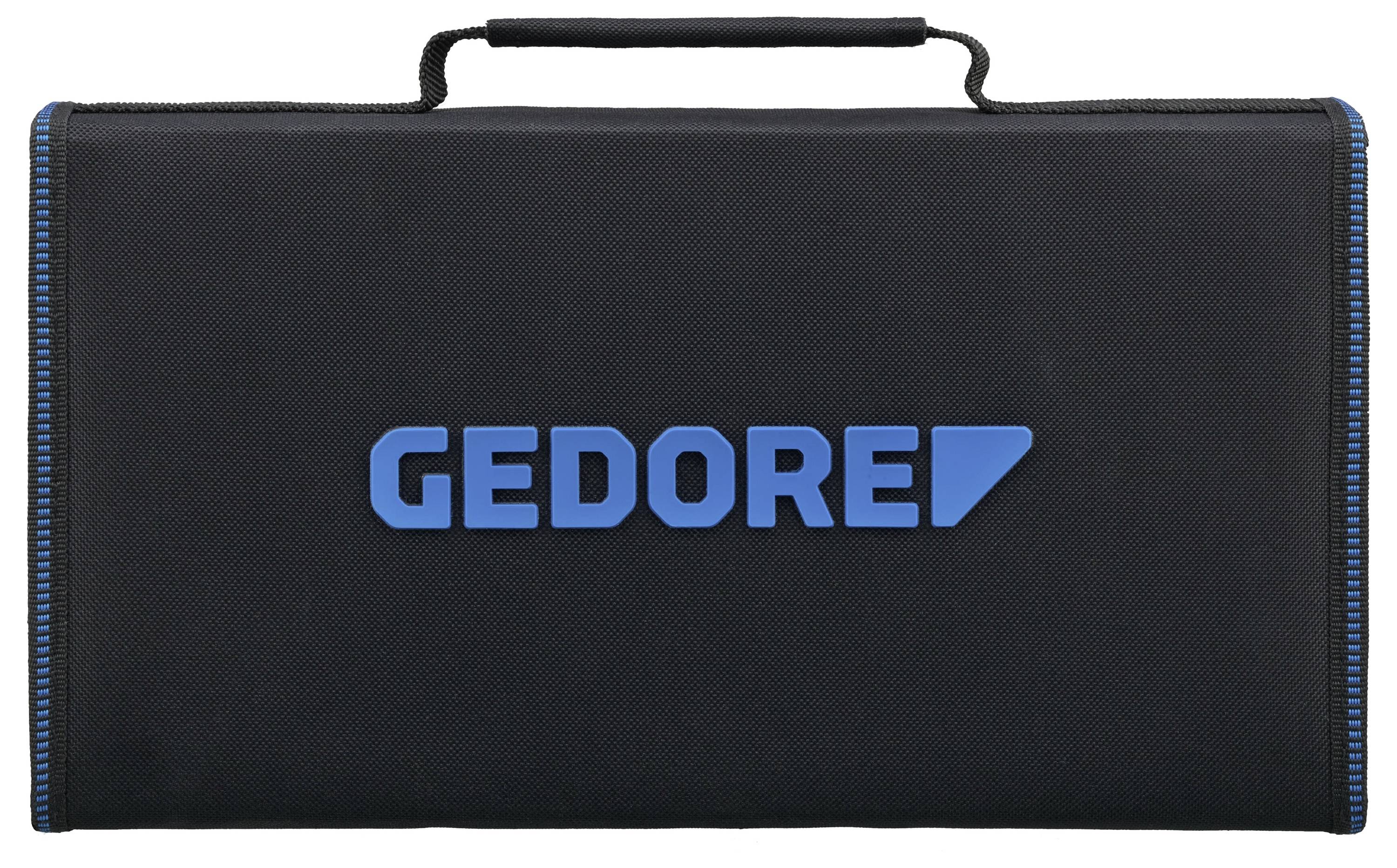 'GEDORE' værktøjskasse med blåt logo, sort ydre side og bærehåndtag.